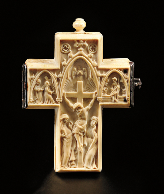 Ivory crucifix-form watch, possibly Continental, circa 1630. Estimate: $6,000-$8,000. Skinner Inc. image.