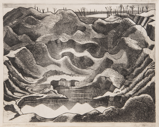 Paul Nash (1889-1946), Mine Crater, Hill 60 (p.1) the rare lithograph, 1917, signed, titled, dated and inscribed, 'To Ambrose, 1918,' in pencil, the edition was 25, on extremely fine China paper laid onto stiff wove presumably by the artist, with full margins, 360 x 457 mm (14 1/8 x 18 in). Est. £20,000-£30,000. Bloomsbury's image.