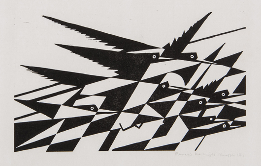 Edward McKnight Kauffer (1890-1954), Flight, the rare woodcut, 1917, a fine, richly inked, early impression before the crack in the block in one of the birds on the right, signed and dated in pencil, on tissue-thin laid japan paper, with full margins, sheet 303 x 375 mm,12 x 14 3/4 in Est. £30,000-£50,000. Bloomsbury's image.