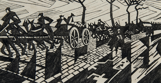 C.R.W. Nevinson (1889-1946), On the Road to Ypres, pen and ink, 1916, signed in black ink, on laid paper, sheet 110 x 210 mm (4 5/16 x 8 1/4 in). Est. £50,000-£70,000. Bloomsbury's image.