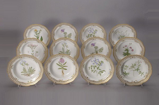 Set of 12 Royal Copenhagen Flora Danica soup bowls, est. $5,000-$7,000. Michaan's image.