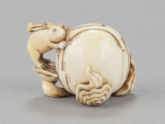 Ivory netsuke of the Lunar Hare, attributed to Shigemasa No. 3, Osaka, 2nd half of 19th century. Provenance: Sotheby’s London, Dec. 20, 1967. Est. $2,500-$3,000. Quinn’s Auction Galleries image. 