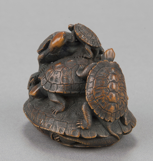 Wood netsuke of turtle group, carved by Hoju, mid-19th century. Est. $1,800-$2,000. Quinn’s Auction Galleries image.