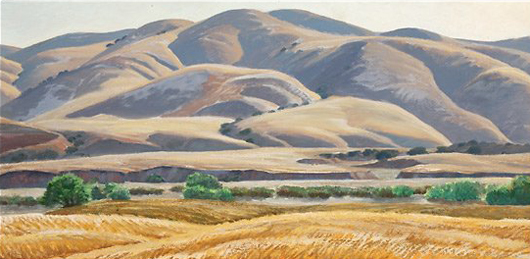 Ray Strong (American 1905-2006), ‘San Miguel Hills, 1965,’ oil on Masonite, signed lower left ‘Ray Strong.’ Estimate: $2,000/2,500. Michaan’s Auctions image.