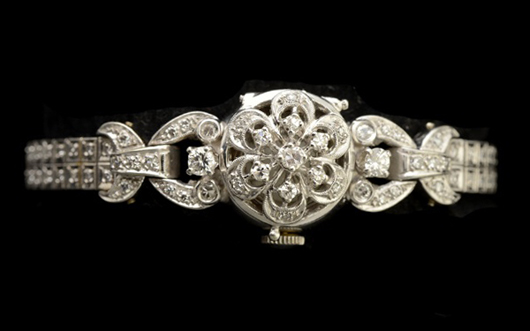 Ladies diamond, 14K white gold covered wristwatch. Estimate: $800/1,000. Michaan’s Auctions image.