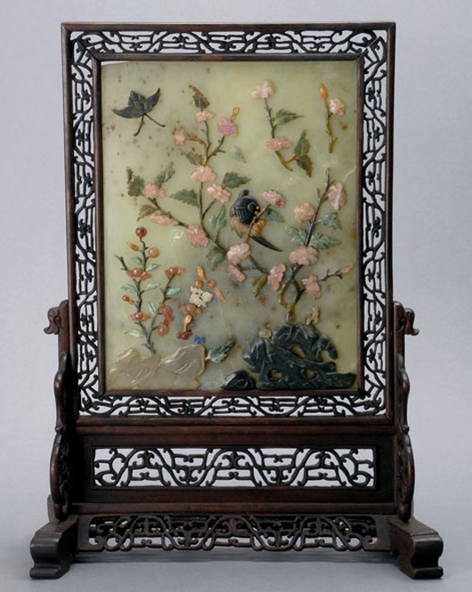 Hardstone-embellished serpentine table screen. Estimate: $1,000/1,500. Michaan’s Auctions image.