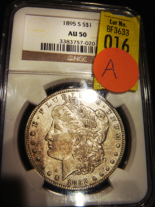 This 1895-S Morgan silver dollar in almost uncirculated condition changed hands for $1,196. Tim’s Inc. image.
