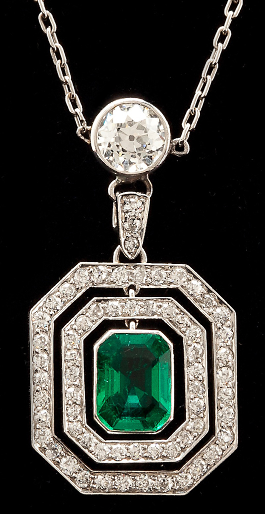 Platinum, emerald and diamond pendant necklace. Leland Little image.