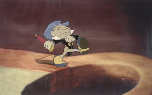 Pinocchio Jiminy Cricket 1940 original production cel art illustration painting with/ printed background. Hess Fine Auctions image. 