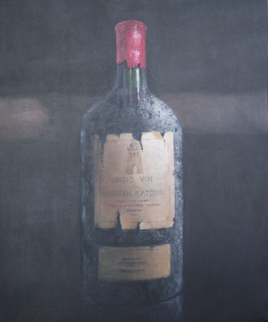 Chateau Latour magnum, Acrylic on canvas, by Lincoln Seligman, on exhibition as part of the one-man exhibition 'An Artist at Large' at la Galleria, Pall Mall from 3 to 8 December. Image courtesy La Galleria and Lincoln Seligman.
