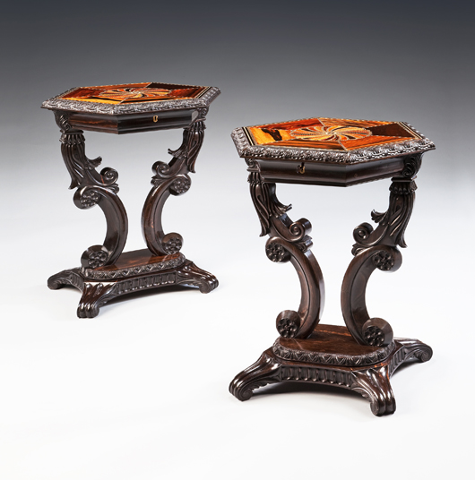 London dealers Mallett are asking around £46,000 ($73,750) for this pair of Sri Lankan carved ebony octagonal occasional tables, circa 1870, included in their new winter inventory. Image courtesy Mallett.