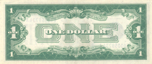The reverse of a small-size $1 US Silver Certificate from a series issued 1928-1934 looks like this. They're commonly referred to as 'funnybacks.'
