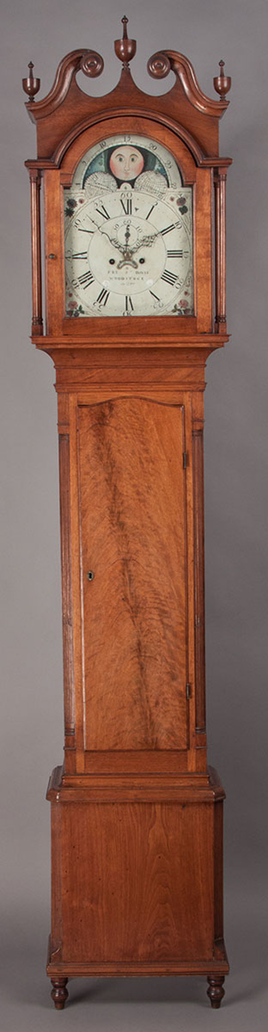 Shenandoah Valley tall-case clock by Jacob Fry & Caleb Davis, circa 1800, Woodstock, Va., $92,000. Jeffrey S. Evans image.