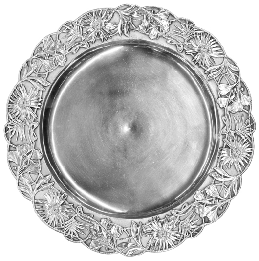 This circa 1889-1908 Faberge fine silver tray with exotic floral repousse is being offered for $4,000 to $6,000. Clars Auction Gallery image.