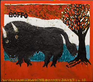 Boffo, date unknown, by William Hawkins (American, 1895-1990). Enamel paint, asphalt with stone aggregate, and wood components on Masonite, 44 ½ x 51 ½ inches. Philadelphia Museum of Art: Promised gift of Jill and Sheldon Bonovitz. Photograph by Will Brown, © Ricco/Maresca Gallery, New York, Estate of William Hawkins