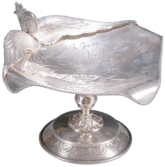 A short poem that starts with the words 'Speed away' is inscribed on this 6-inch-high silver-plated card tray. It sold for $338 at Jackson's International Auctioneers in Cedar Falls, Iowa, a few years ago.