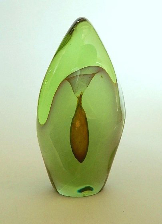Unusual Dominick Labino glass sculpture, green and orange, 1970, signed Labino 1970 on bottom. 8 1/2 inches. Estimate: $3.500-$4,500. Rachel Davis Fine Arts image.