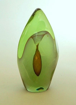 Unusual Dominick Labino glass sculpture, green and orange, 1970, signed Labino 1970 on bottom. 8 1/2 inches. Estimate: $3.500-$4,500. Rachel Davis Fine Arts image.