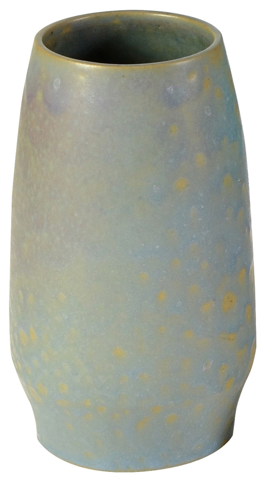 After an illustrious career in the eastern half of the U.S., Frederick Rhead started a pottery in Santa Barbara, Calif., where he created this mottled blue to violet drip glaze vase. It carries a $1,500 to $2,500 estimate. Clars Auction Gallery image.