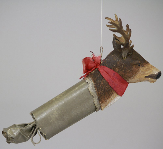 This realistically detailed Dresden reindeer ornament is actually a Christmas cracker. It brought $750 (on the hammer) in Bertoia Auctions' September 23, 2012 sale. Photo courtesy Bertoia Auctions.