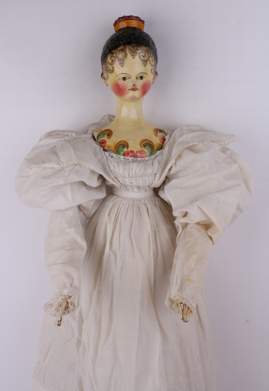 Grodner Tal wooden doll, German, circa 1810-1830, est. £2,000-£3,000. Chiswick Auctions image.