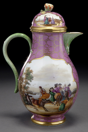 In September, the Dallas Auction Gallery sold a 31-piece Meissen coffee and tea service from the 19th century for $10,625 with buyer’s premium. This detail of the coffeepot reveals the exquisitely painted topographical scenes for which the firm was celebrated. Courtesy Dallas Auction Gallery.