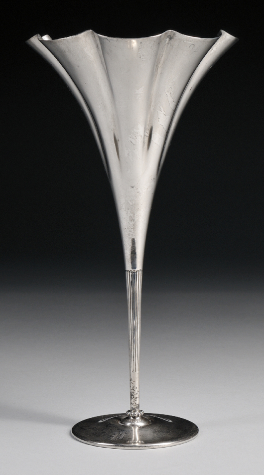 Tiffany & Co. sterling silver trumpet vase, New York, circa 1902-07, 11 1/2 inches high, 11 troy ounces. Estimate:$400-$600. Skinner Inc. image.