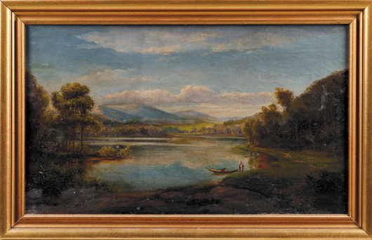 American School, 19th century, lake view in the mountains with figures. Unsigned oil on canvas, sight size 15 5/8 x 26 1/2 inches. Estimate: $300-500. Skinner Inc. image.