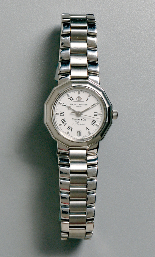 Baume & Mercier for Tiffany & Co. ‘Riviera’ woman’s stainless steel wristwatch, Swiss quartz movement. Estimate: $300-$500. Skinner Inc. image.