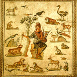Orpheus surrounded by animals is depicted in an ancient Roman floor mosaic from Palermo, Italy. Similar to the one from Turkey, this mosaic is in a Palermo museum. Copyrighted Image by Giovanni Dall'Orto, sourced through Wikimedia Commons. The copyright holder of this file allows anyone to use it for any purpose, provided that the copyright holder is properly attributed. Redistribution, derivative work, commercial use, and all other use is permitted.