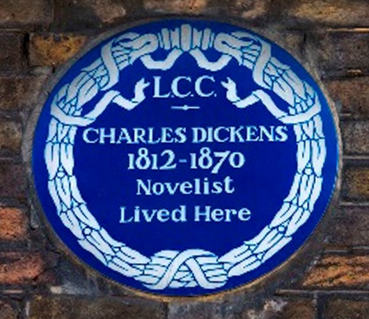 Blue plaque commemorating the home of English author and social critic Charles Dickens (1812-1870). Image courtesy of The Charles Dickens Museum.