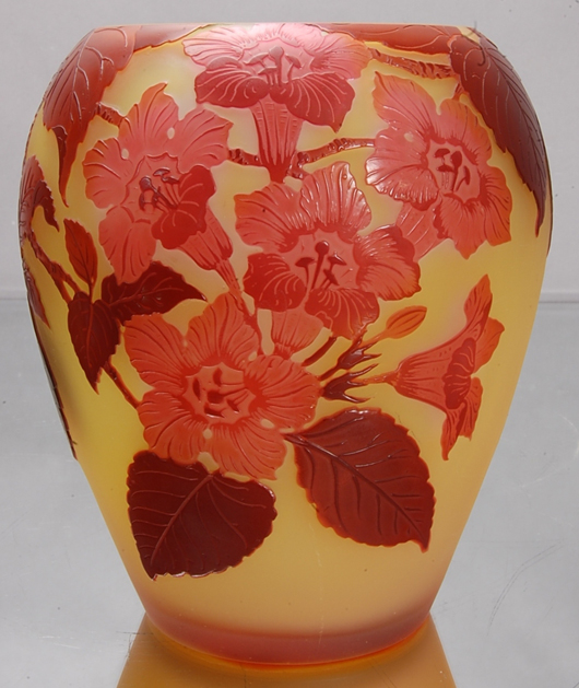 Emile Galle French cameo art glass vase, signed, leaf and floral design, 6 inches tall. Est. $350-$525. Bruhns Auction Gallery image.
