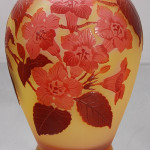 Emile Galle French cameo art glass vase, signed, leaf and floral design, 6 inches tall. Est. $350-$525. Bruhns Auction Gallery image.