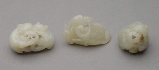 Three white jade animal carvings, 18th century. Estimate: $5,000-$7,000. Michaan’s Auctions image.