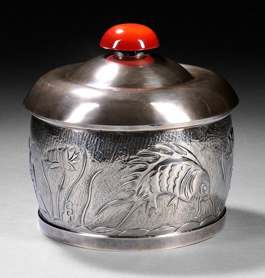 Henry Petzal silversmith (1906-2002) covered box, handwrought sterling silver and carnelian. Estimate: $1,000-$1,500. Skinner Inc. image.