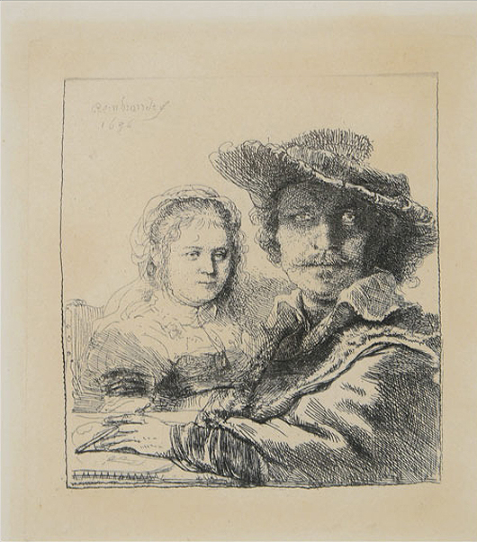 'Self Portrait with Saskia, 1636' after Rembrandt van Rijn (Dutch 1606-1669), etching on paper laid to board. Price realized: $4,130. Michaan's Auctions image.