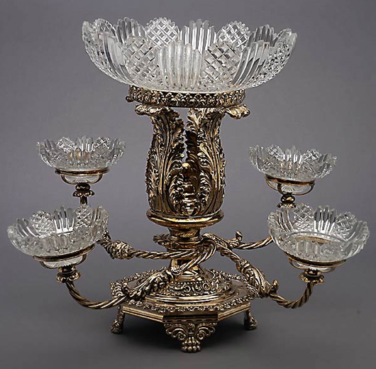 Silver-plated epergne with five cut glass bowls. Price realized: $885. Michaan's Auctions image.