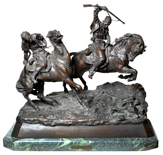 From a private collection this bronze titled ‘Galloping Cherkessians’ by Vassili Yacovlevitch Grachev (Russian, 1831-1905) sold for $15,405. Clars Auction Gallery Image.