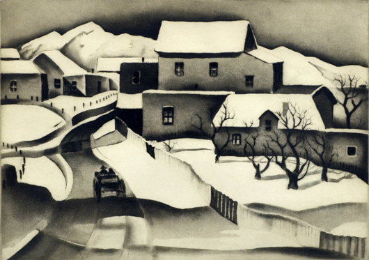 This etching titled ‘Taos in Winter’ by Gene Kloss (American, 1903-1996) soared past its high estimate of $2,000 to a hammer price of $5,036. Clars Auction Gallery Image.