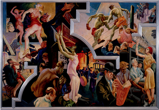 Thomas Hart Benton (American, 1889–1975), 'City Activities with Subway,' from 'America Today, 1930–31.' Ten panels: distemper and egg tempera on gessoed linen with oil glaze. The Metropolitan Museum of Art, New York, Gift of AXA Equitable [2012]. Image courtesy of The Metropolitan Museum of Art, New York.