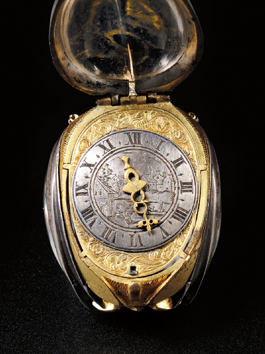 Jean Rousseau tulip-form gilt-brass and rock crystal watch, Switzerland, circa 1640. Estimate: $5,000-$7,000, sold for $34,440. Skinner Inc. image.