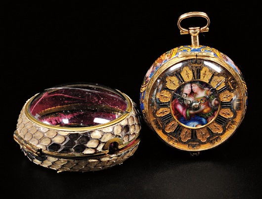 Samuel Ruel enameled pair case watch, Rotterdam, No. 378, circa 1715. Estimate: $15,000-$25,000, sold for $58,425. Skinner Inc. image.