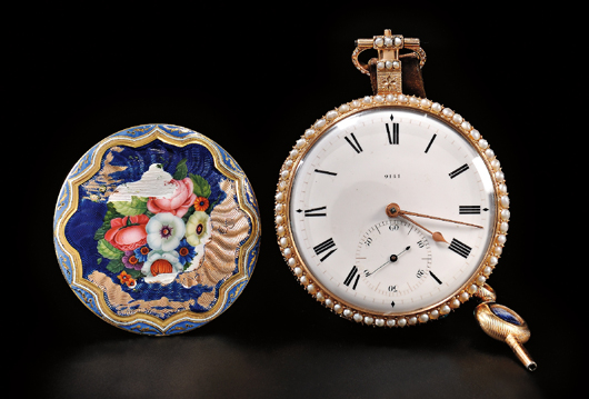 Barrauds enamel and pearl-set open-face gold watch, Cornhill, London, c. 1813, no. 9141. Estimate: $3,000-$5,000, Sold for $67,650. Skinner Inc. image.