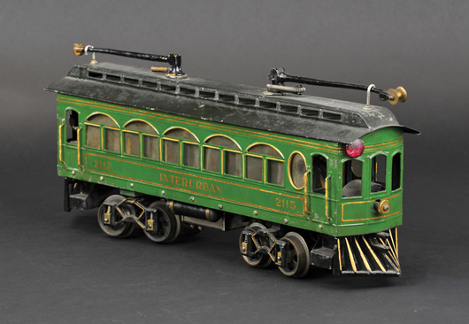Electric-powered Voltamp #2115 Interurban Trolley, 18 inches, $24,250. Bertoia Auctions image.