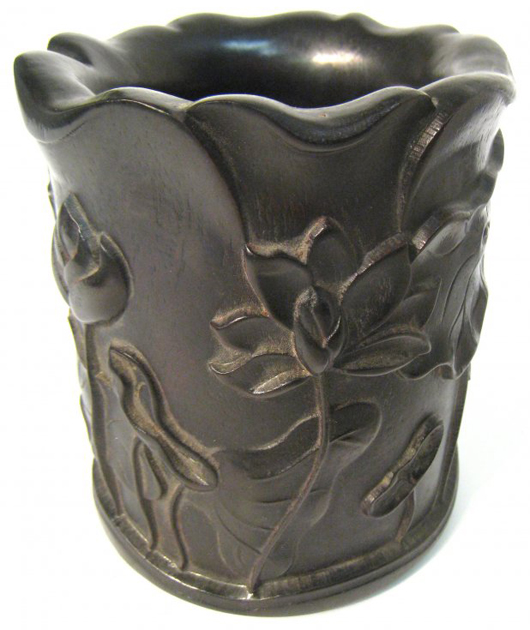Chinese hardwood brushpot standing 5 1/4 inches high (est. $300-$500). Gordon S. Converse & Co. image.