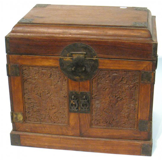 Finely carved Chinese Huanghuali chest, 12 1/2 inches by 13 1/2 inches (est. 2,000-$4,000). Gordon S. Converse & Co. image.
