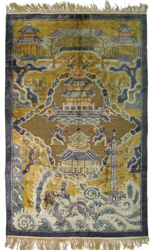 Fine Chinese silk and metallic rug, palace-size at 70 inches by 96 inches (est. $2,000-$3,000). Gordon S. Converse & Co. image.