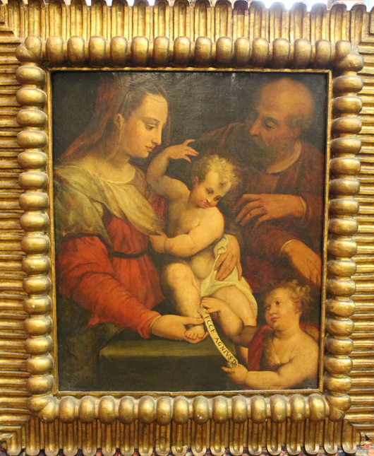 Giorgio Vasari (attributed to), ‘Holy Family,’ oil on wood panel, 21 x 26 inches, circa 1540. Estimate: $20,000-$30,000. Carlyle Auctions Inc. image.