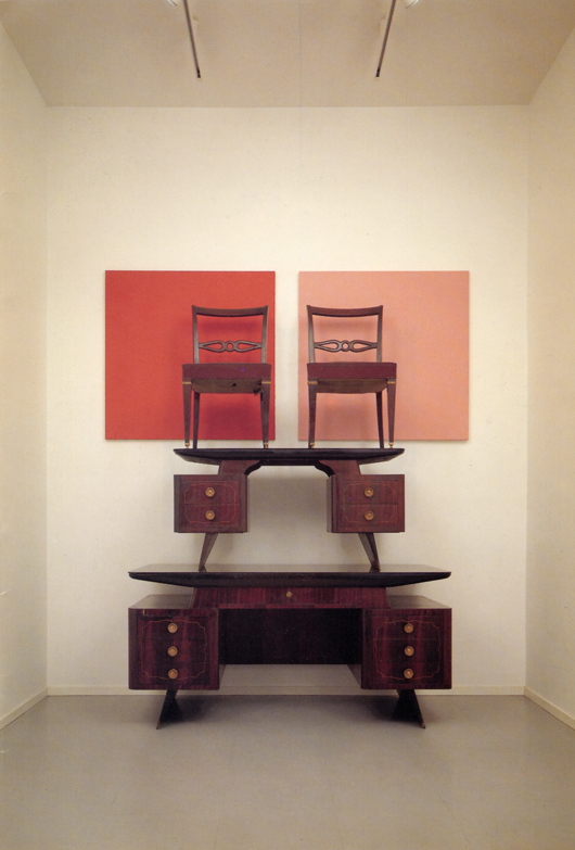 John Armleder  Furniture Sculpture 254, 1991  2 desks, 2 chairs, 2 canvas, 2 black glasses  Photo by Claudio Abate, courtesy Massimo De Carlo, Milan/London