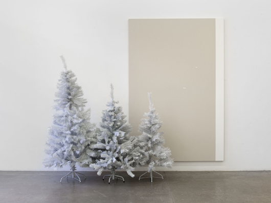 John Armleder  Untitled, 2008  Acrylic on canvas, Christmas trees  242 x 270 x 110 cm  Photo by Alessandro Zambianchi, courtesy Massimo De Carlo, Milan/London